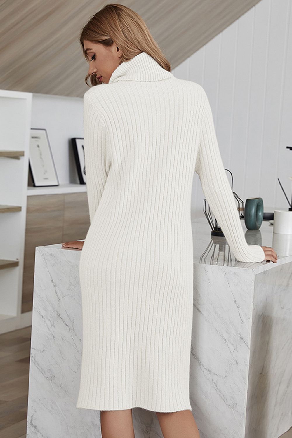 Ribbed Turtle Neck Long Sleeve Sweater Dress
