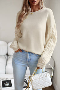 Cable-Knit Round Neck Drop Shoulder Sweater