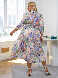 Plus Size Floral Three-Quarter Sleeve Tiered Dress