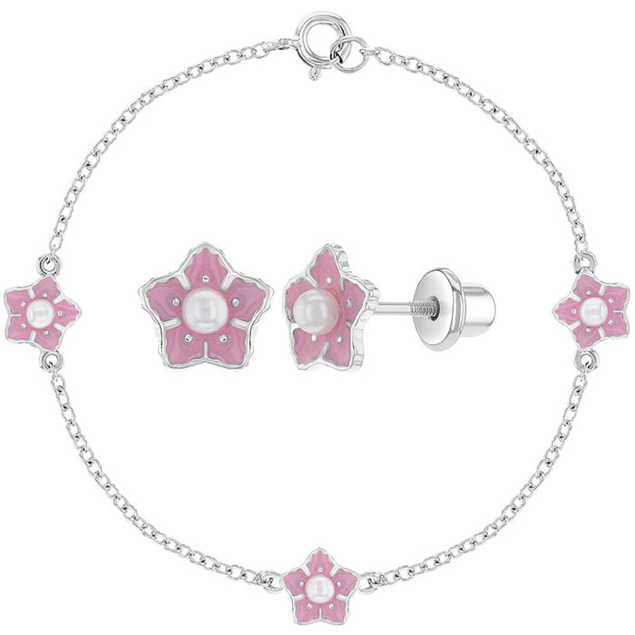 925 Sterling Silver White Pearl Pink Flower Jewelry Set