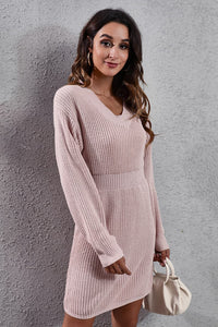 V-Neck Long Sleeve Rib-Knit Sweater Dress