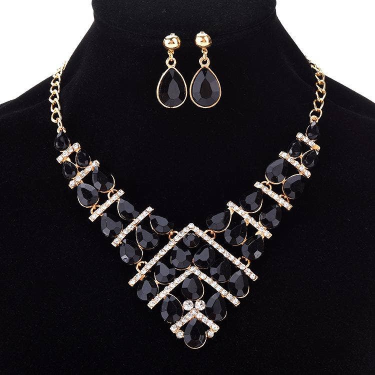AJS Fancy Black Teardrop Necklace & Earrings Set