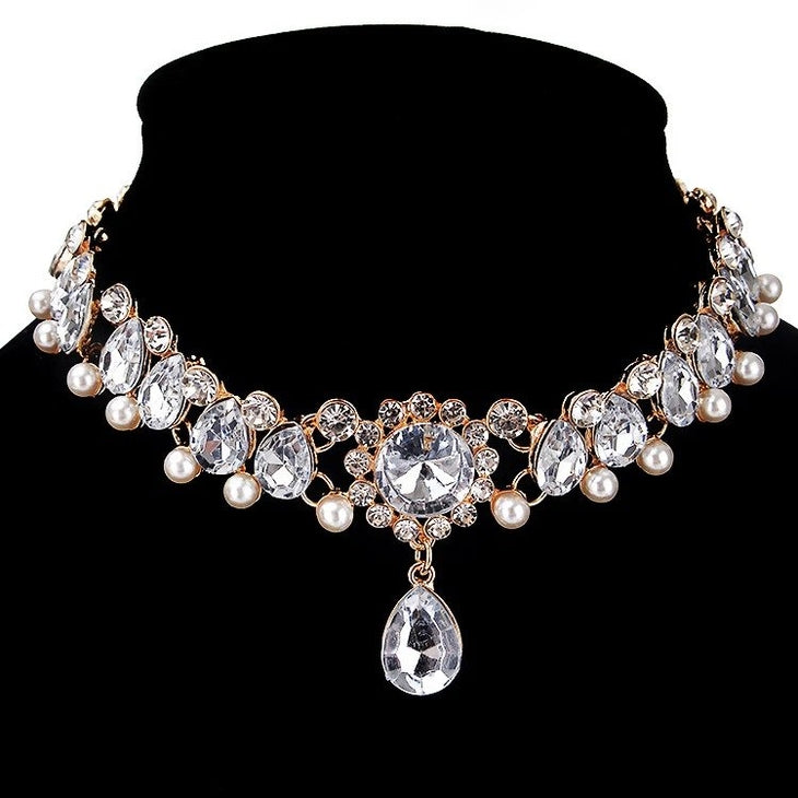 AJS Faux Crystal and Pearl Choker Necklace