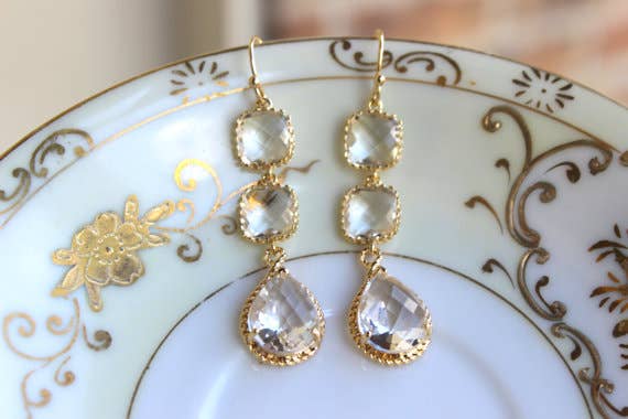 Crystal Gold Plated Clear Three Tier Earring
