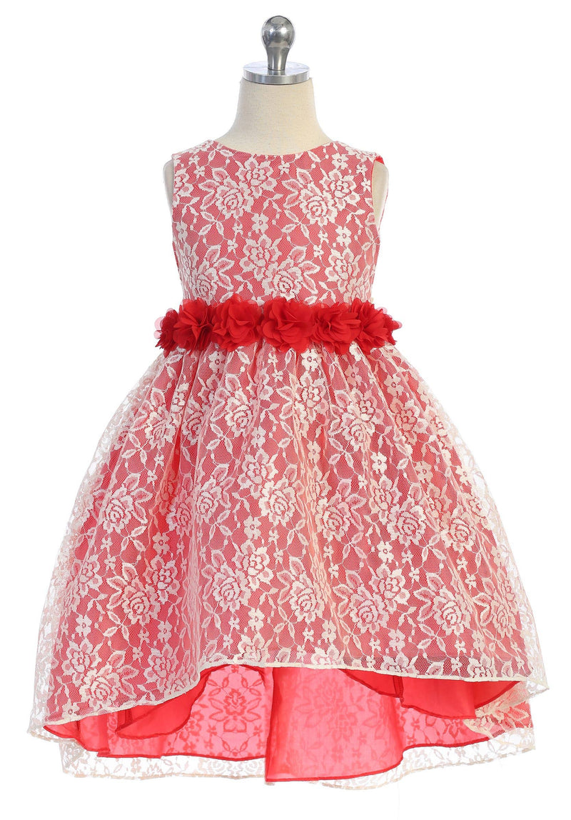 Red-Ivory Hi-Lo Embroidery Lace Floral Dress