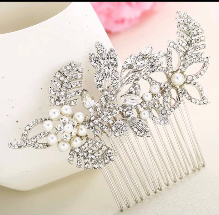 Silver Crystal Pearl Comb Bridal Hair Comb, Rhinestone Pearl
