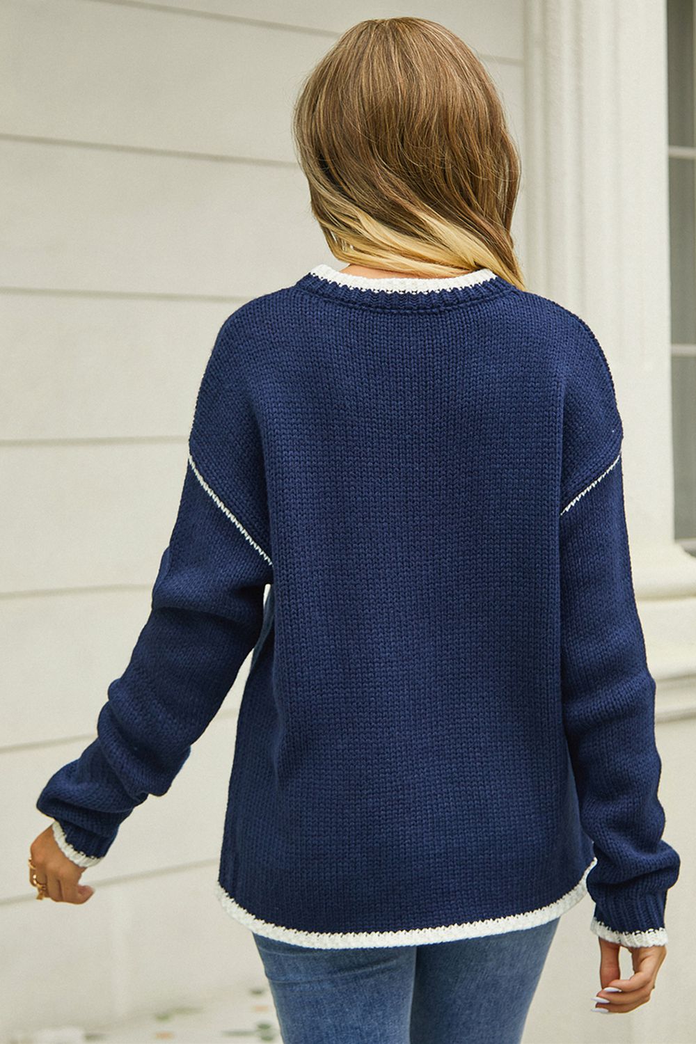 Round Neck Long Sleeve Waffle-Knit Sweater