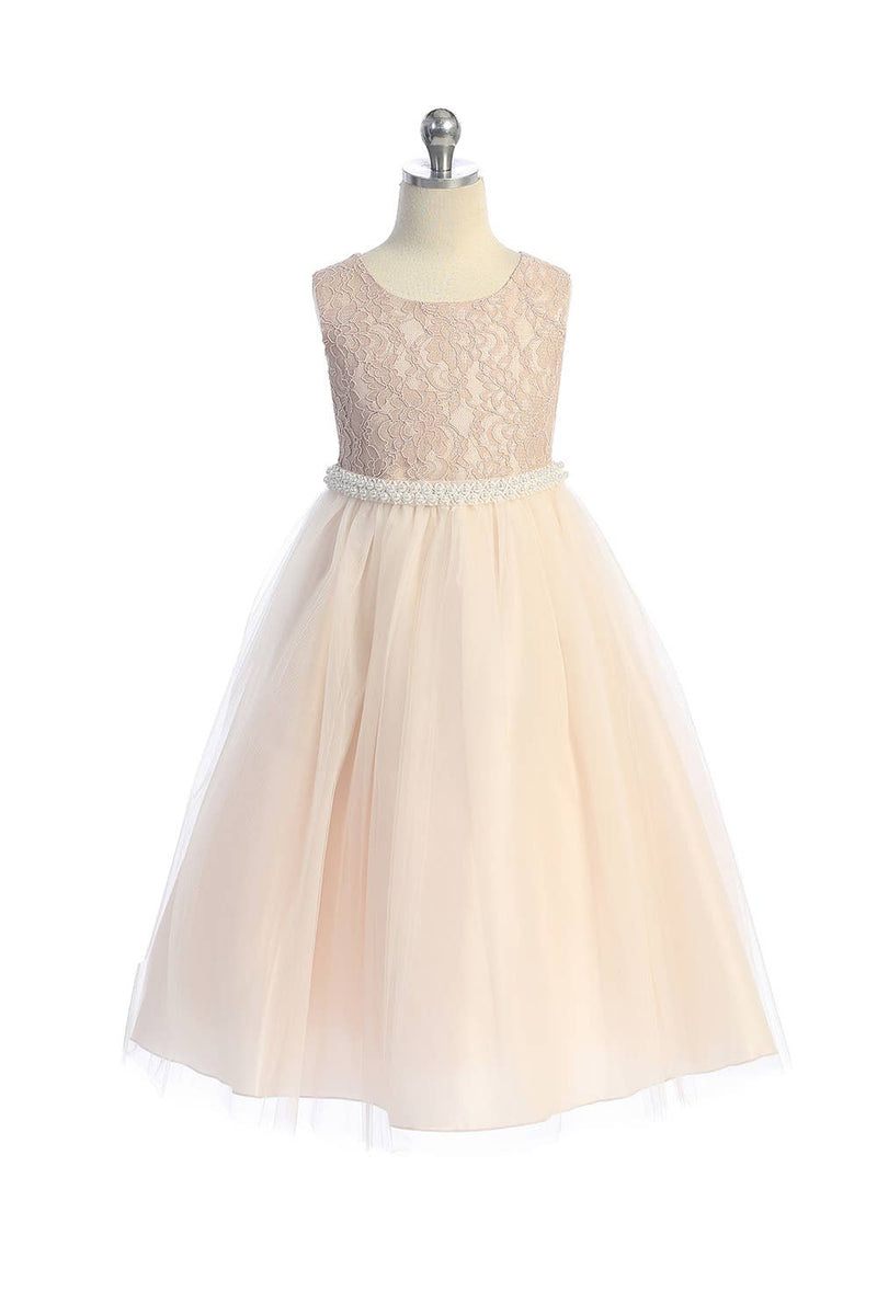 Kid's Dream Long Lace Dress w/ Thick Pearl Trim