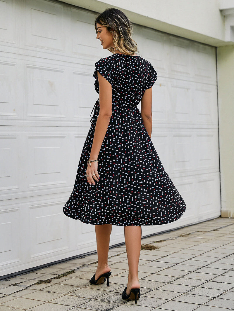 Multicolored Polka Dot Button Detail Tied Dress